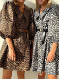 Momentlover Zipper No Belt Leopard Elasticity Buttoned Puff Sleeves Loose V-Neck Mini Dresses