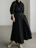 Momentlover Long Sleeves Loose Pleated Solid Color Split-Joint Tied Waist Lapel Midi Dresses Shirt Dress