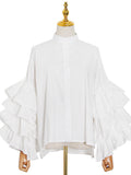 Momentlover Solid Color Ruffled Layered Buttoned Loose Long Sleeves Mock Neck Blouses&Shirts Tops