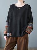 Momentlover Split-Joint Printed Loose Long Sleeves Round-Neck Sweater Tops Pullovers