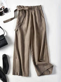 Momentlover Simple Ramie Cotton Solid Color Loose Ninth Wide-Leg Pants
