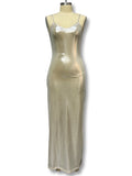 Momentlover Solid Color Shiny Sleeveless High Waisted Spaghetti-Neck Maxi Dresses
