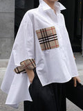 Momentlover High-Low Long Sleeves Buttoned Plaid Pockets Split-Joint Split-Side Lapel Blouses&Shirts Tops