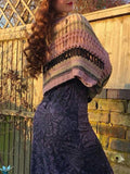 Long Sleeves Loose Drawstring Hollow Split-Joint Round-Neck Sweater Tops