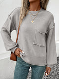 Momentlover Split-Joint Solid Color Pockets Loose Long Sleeves Round-Neck Sweater Tops Pullovers
