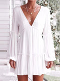 Momentlover Split-Joint Solid Color Pleated Elasticity Backless Puff Sleeves Loose Deep V-Neck Mini Dresses