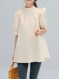 Momentlover Solid Color Pleated Bowknot Loose Half Sleeves Mock Neck Blouses&Shirts Tops
