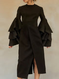Momentlover Flared Sleeves Asymmetric Layered Ruffled Solid Color Split-Back Split-Front Midi Dresses