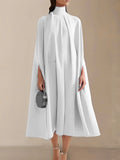 momentlover Simple Batwing Sleeves Lace-Up Solid Color High-Neck Midi Dresses