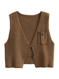 Momentlover Artistic Retro Sleeveless Irregularity Buttoned V-Neck Vest Top