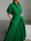 Momentlover High Waisted Loose Pleated Solid Color V-Neck Midi Dresses