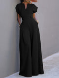 momentlover Urban Cap Sleeve Solid Color Wide Leg Jumpsuits