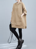 Momentlover Split-side Solid Color Pockets Drawstring Buttoned Raglan Sleeve Loose Hooded Hoodies Tops