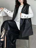 Momentlover Solid Color Pockets Buttoned Sleeveless Loose V-neck Vest Outerwear