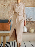 Momentlover Split-Front Solid Color Pleated Long Sleeves High Waisted Mock Neck Maxi Dresses