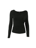 Momentlover Solid Color Asymmetric Skinny Long Sleeves Asymmetric Collar T-Shirts Tops
