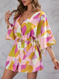 Momentlover Printed Drawstring Buttoned Loose Half Sleeves V-Neck Mini Dresses