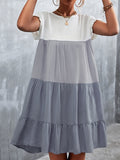 Momentlover Split-Joint Pleated Falbala Contrast Color Ruffle Sleeves Loose Round-Neck Mini Dresses