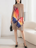 Momentlover Casual Long Sleeves Loose Contrast Color Printed Pleated Beaded Stand Collar Mini Dresses