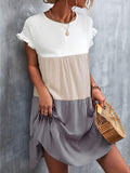 Momentlover Split-Joint Pleated Falbala Contrast Color Ruffle Sleeves Loose Round-Neck Mini Dresses