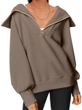 Momentlover Zipper Solid Color Loose Long Sleeves V-Neck Sweatshirt Tops
