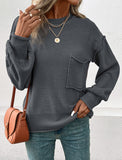 Momentlover Split-Joint Solid Color Pockets Loose Long Sleeves Round-Neck Sweater Tops Pullovers