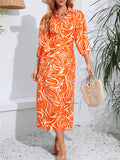 Momentlover Tied Waist Printed Elasticity Nine-Minute Sleeve High Waisted V-Neck Shirt Dress Midi Dresses