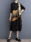 Momentlover Split-Joint Printed Asymmetric Loose Long Sleeves Round-Neck Midi Dresses
