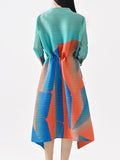 A-Line Loose Adjustable Asymmetric Drawstring Pleated Printed Mock Neck Midi Dresses