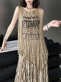 Momentlover Pleated Letter Print Asymmetric Sleeveless Loose Round-Neck Vest Top