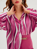Momentlover Striped Contrast Color Loose Long Sleeves Lapel Blouses