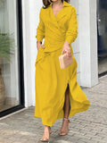 Momentlover Loose Solid Color Split-Side Notched Collar Maxi Dresses