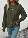 Momentlover Split-Joint Solid Color Pockets Loose Long Sleeves Round-Neck Sweater Tops Pullovers