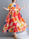 Momentlover Artistic Retro Short Sleeves Loose Contrast Color Printed Round-Neck Midi Dresses