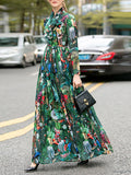 Momentlover Zipper Flower Print Elasticity Bowknot Loose Long Sleeves Round-neck Maxi Dresses