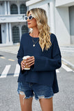 Momentlover High-Low Slit Round Neck Long Sleeve Sweater