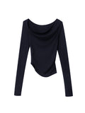 Momentlover Solid Color Skinny Long Sleeves Asymmetric Collar T-Shirts Tops