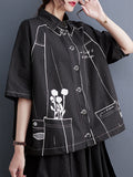 Momentlover Split-Joint Printed Contrast Color Short Sleeves Loose Lapel Blouses