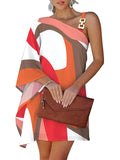 momentlover Original Loose Contrast Color Printed One-Shoulder Mini Dresses