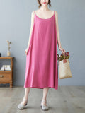 Momentlover Solid Color Sleeveless Loose Spaghetti-Neck Midi Dresses