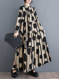 Momentlover Split-Joint Polka-Dot Pleated Buttoned Loose Long Sleeves Stand Collar Shirt Dress Maxi Dresses
