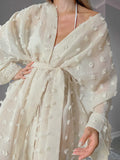 Momentlover Tied Waist Split-Side Solid Color See-Through Mesh Jacquard Loose Long Sleeves V-Neck Maxi Dresses