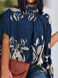 Momentlover Printed Pleated Loose High-low Mock Neck Blouses&shirts Tops
