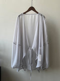 Momentlover Bishop Sleeve Long Sleeves See-Through Split-Joint Tied Collarless Blouses&Shirts Tops