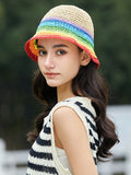 Momentlover Woven Striped Short Brim Contrast Color Sun-Protection Hats&Caps Fisherman Hat