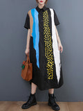 Momentlover Artistic Retro Short Sleeves Loose Contrast Color Polka-Dot Lapel Collar Midi Shirt Dress