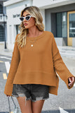 Momentlover High-Low Slit Round Neck Long Sleeve Sweater