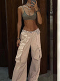 Momentlover Split-Joint Solid Color Pockets Buttoned Wide Leg Loose Trousers Pants