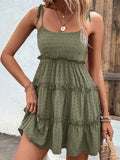 Momentlover A-Line High Waisted Backless Jacquard Solid Color Split-Joint Tied U-Neck Mini Dresses Slip Dress