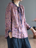 Momentlover Lace-Up Floral Printed Loose Long Sleeves Round-Neck Blouses&Shirts Tops